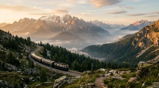 Voyageurs contemplant les paysages européens depuis un train de nuit traversant les Alpes au lever du soleil