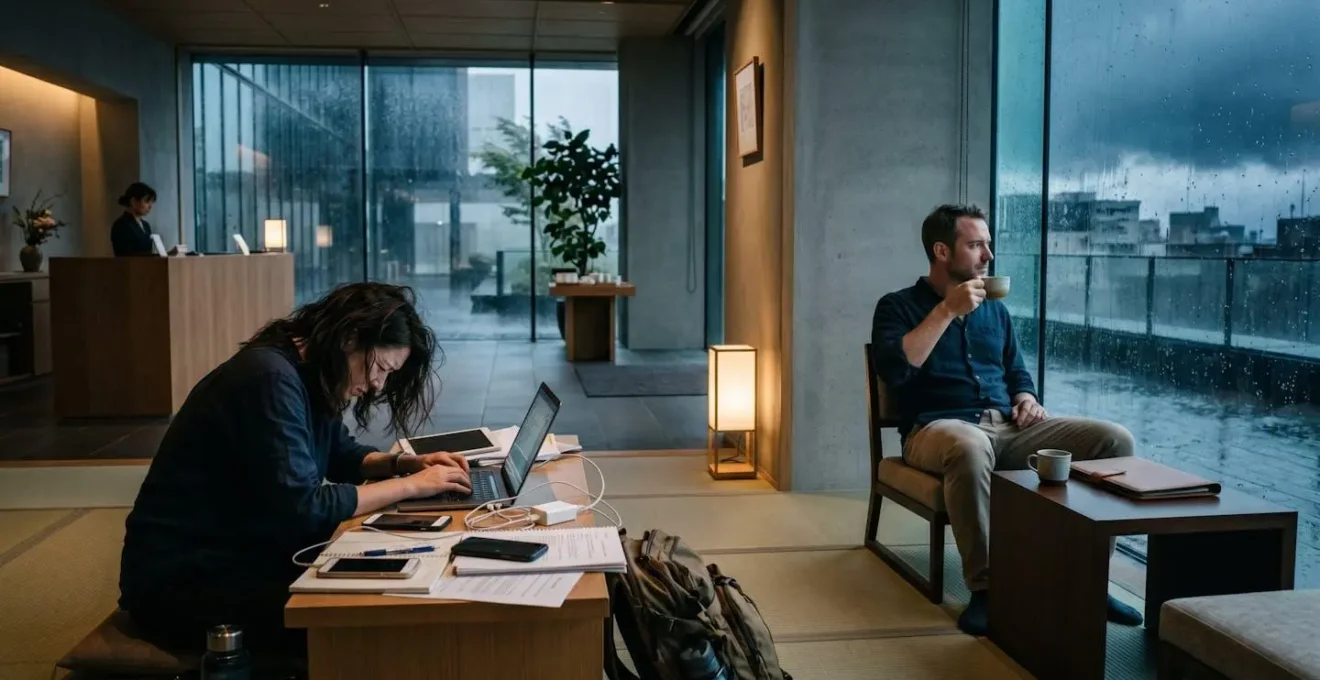 Contraste entre chaos d'une gestion de crise solo et sérénité avec assistance agence
