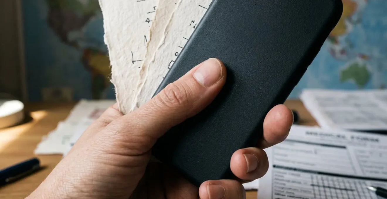 Gros plan sur des mains tenant un smartphone avec une carte et des documents médicaux flous en arrière-plan