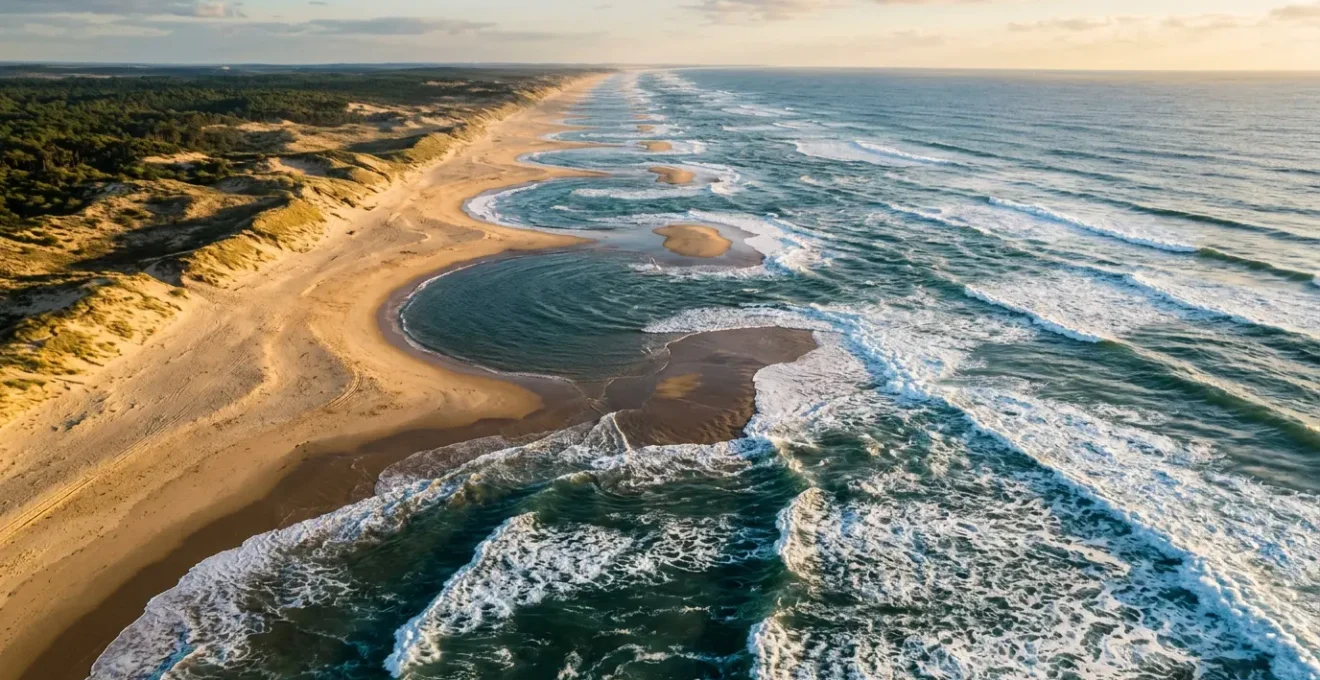 Vue aérienne dramatique de baïnes sur une plage de la côte atlantique française montrant les contrastes entre zones calmes et zones de vagues