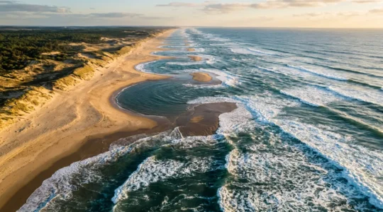 Vue aérienne dramatique de baïnes sur une plage de la côte atlantique française montrant les contrastes entre zones calmes et zones de vagues
