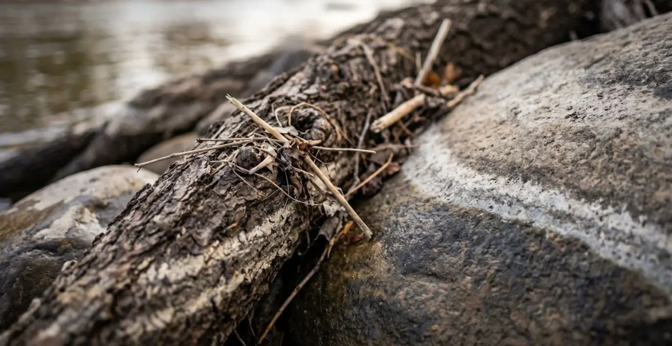 Vue rapprochée d'une berge rocheuse montrant les traces de différents niveaux d'eau
