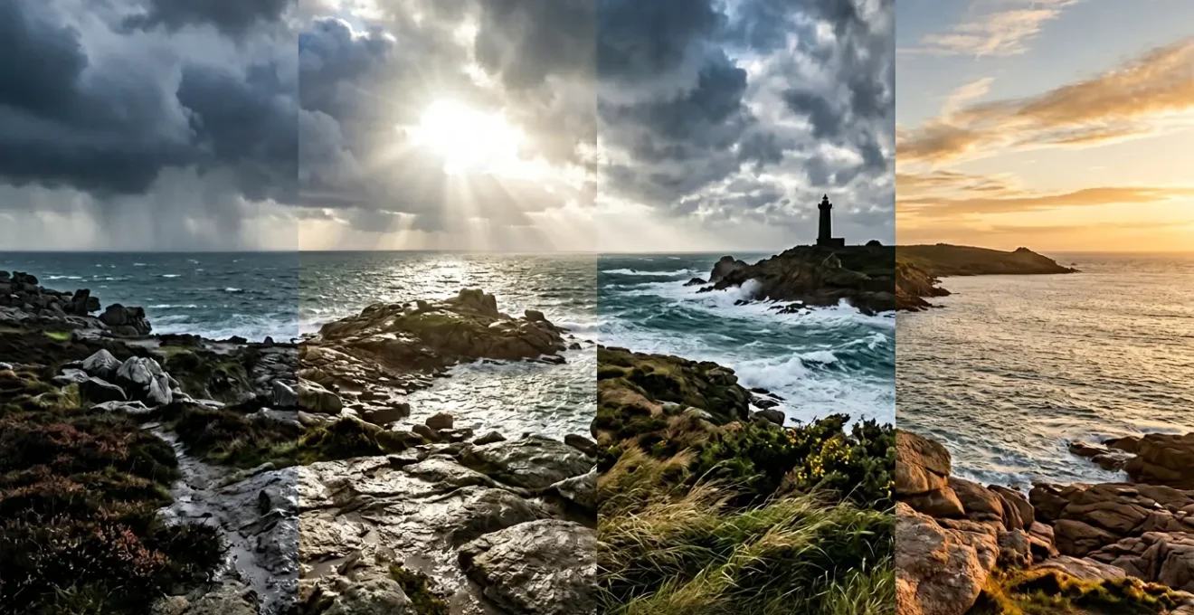 Paysage côtier breton montrant les quatre saisons météorologiques en une seule journée
