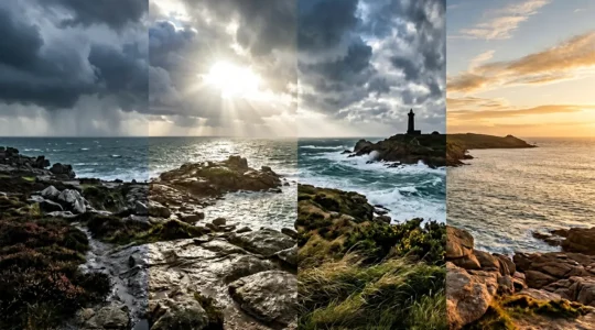 Paysage côtier breton montrant les quatre saisons météorologiques en une seule journée