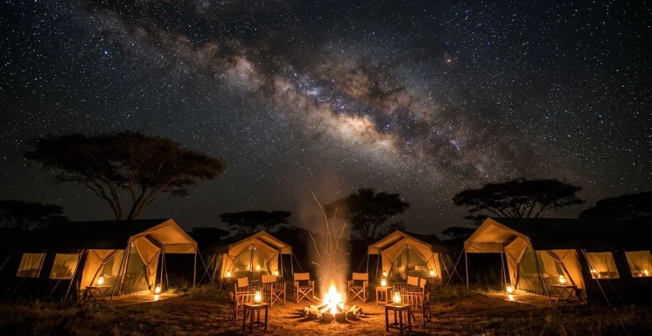 Camp de tentes safari sous un ciel étoilé avec feu de camp au premier plan