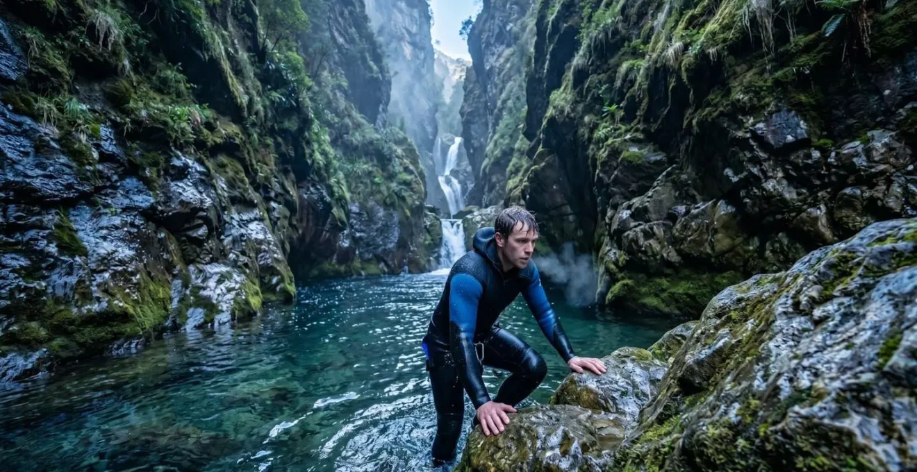 Canyoniste en combinaison néoprène épaisse émergeant d'une vasque d'eau cristalline en montagne