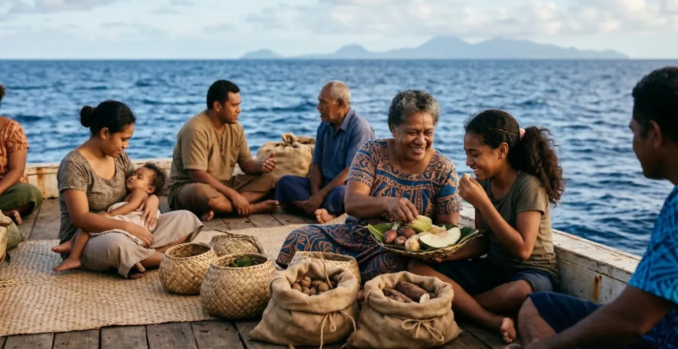 Pont d'un cargo traditionnel chargé de sacs de kava et de familles vanuataises traversant l'océan Pacifique