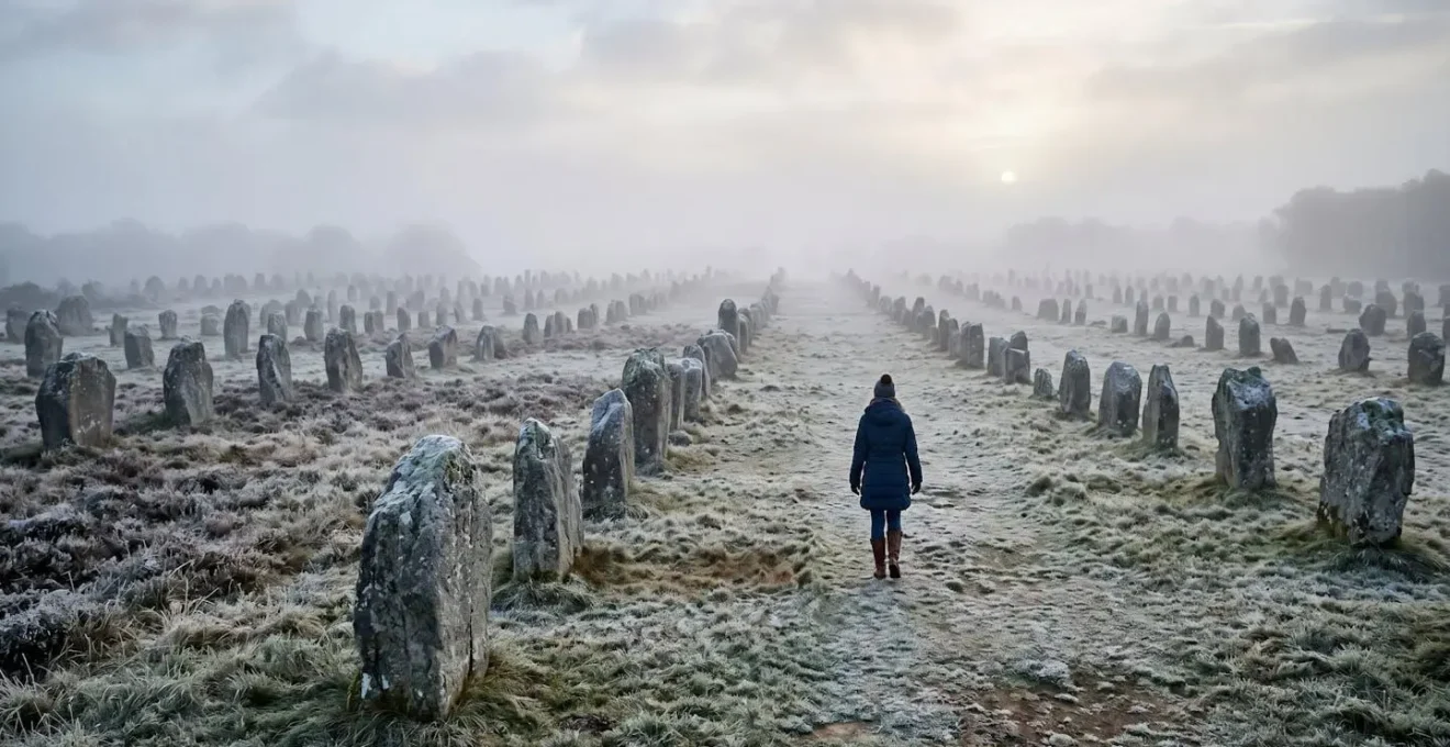 Alignements de menhirs de Carnac dans la brume hivernale au lever du soleil