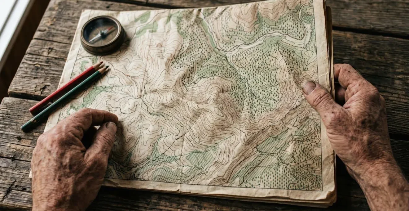 Mains tenant une carte topographique IGN avec boussole et crayon de couleur