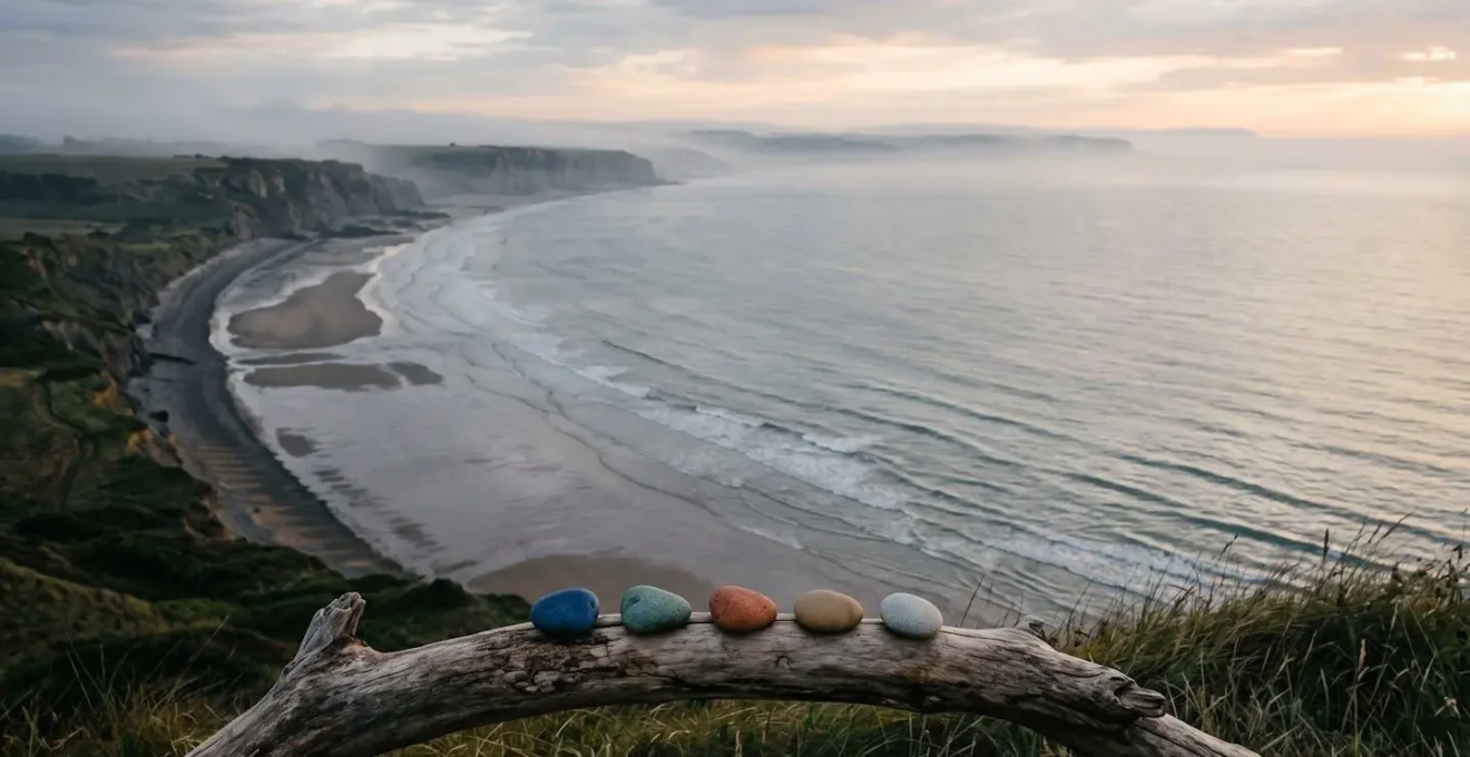 Vue aérienne minimaliste des côtes normandes avec points de repères symboliques pour planifier son parcours sur les plages du Débarquement.