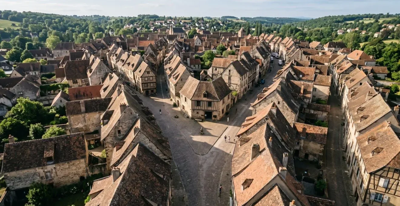 Vue aérienne minimaliste d'un quartier avec cercles concentriques indiquant les zones de déplacement à pied