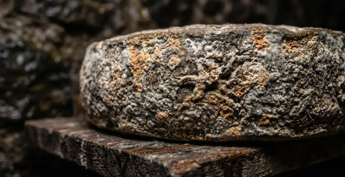 Cave d'affinage traditionnelle avec meules de fromage sur étagères en bois dans la pénombre