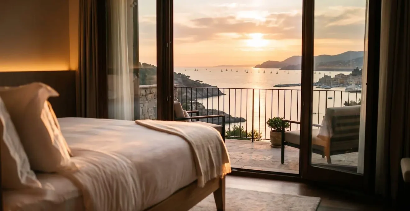Chambre d'hôtel luxueuse avec vue panoramique sur la mer au coucher de soleil