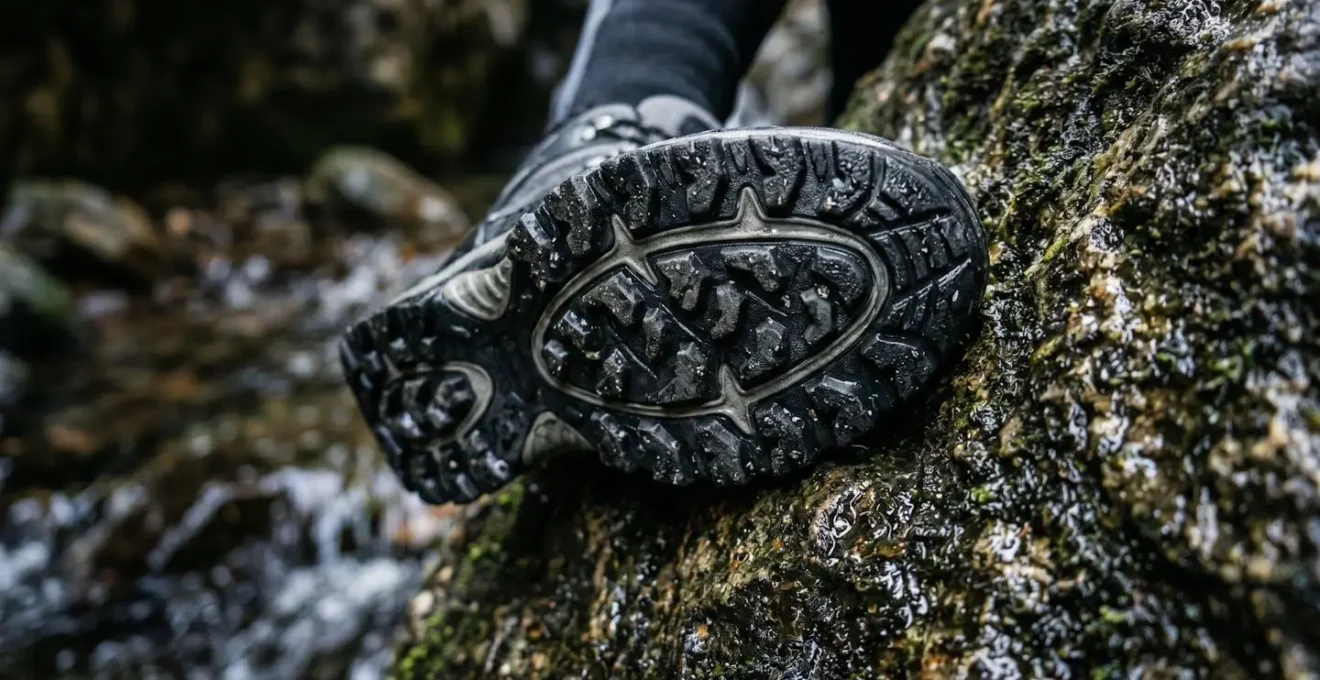 Gros plan sur des chaussures de canyoning techniques posées sur un rocher mouillé avec de la mousse