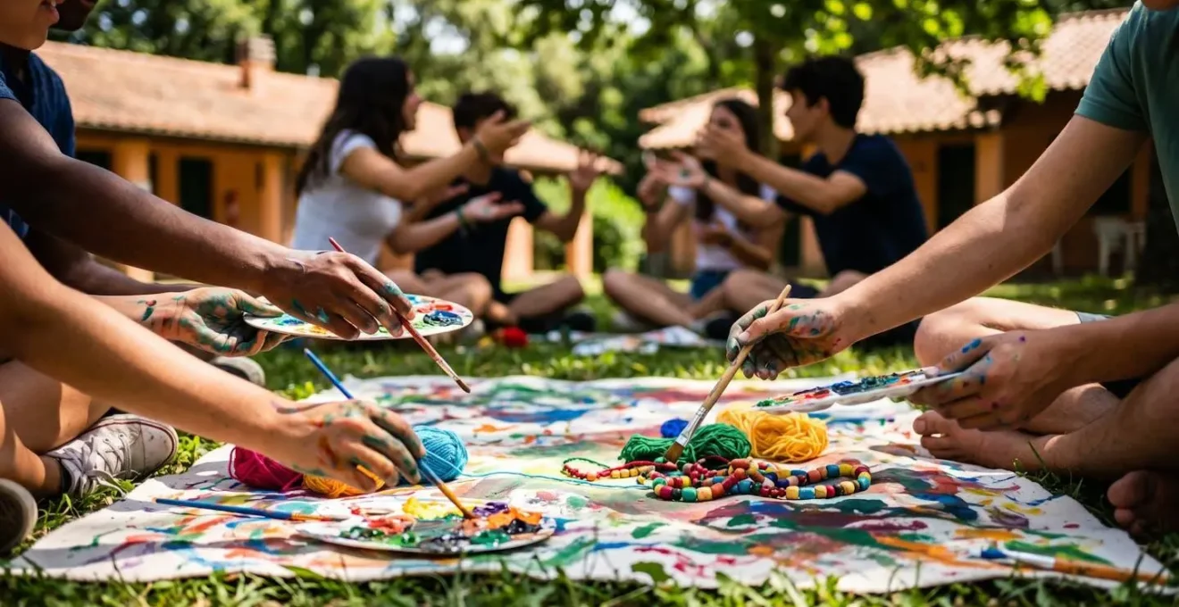 Groupe d'adolescents engagés dans une activité créative au club ados d'un village vacances