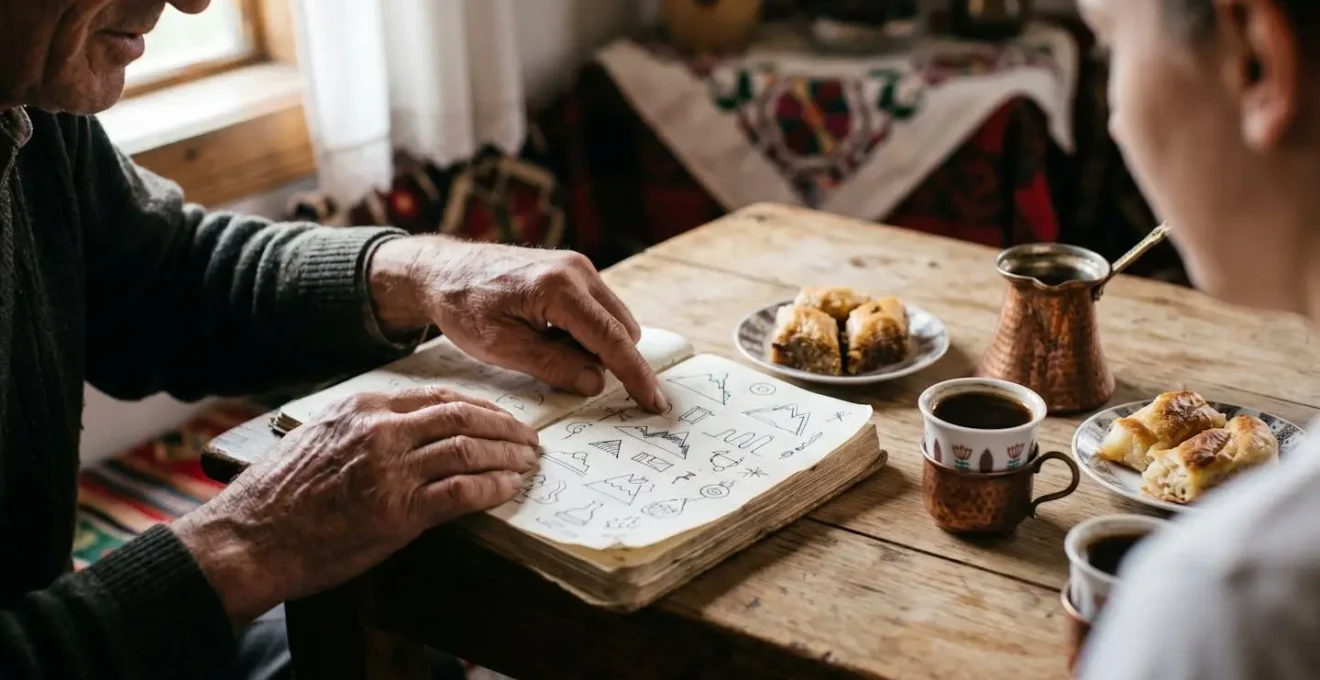 Mains échangeant un carnet de voyage illustré avec des dessins colorés dans une guesthouse albanaise traditionnelle