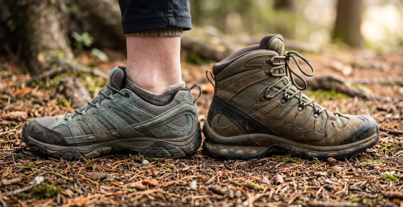 Gros plan sur deux types de chaussures de marche nordique montrant la différence de hauteur de tige