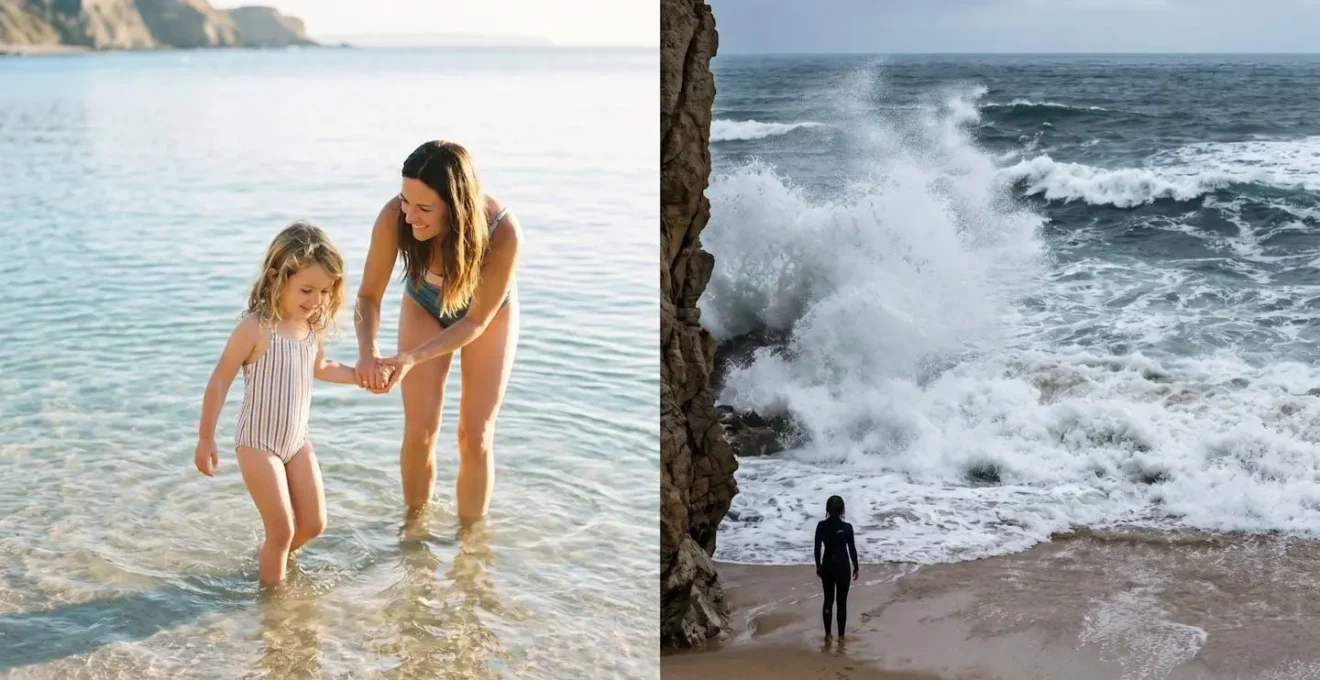 Vue comparative montrant une famille sur une plage calme de baie versus des vagues puissantes côté océan