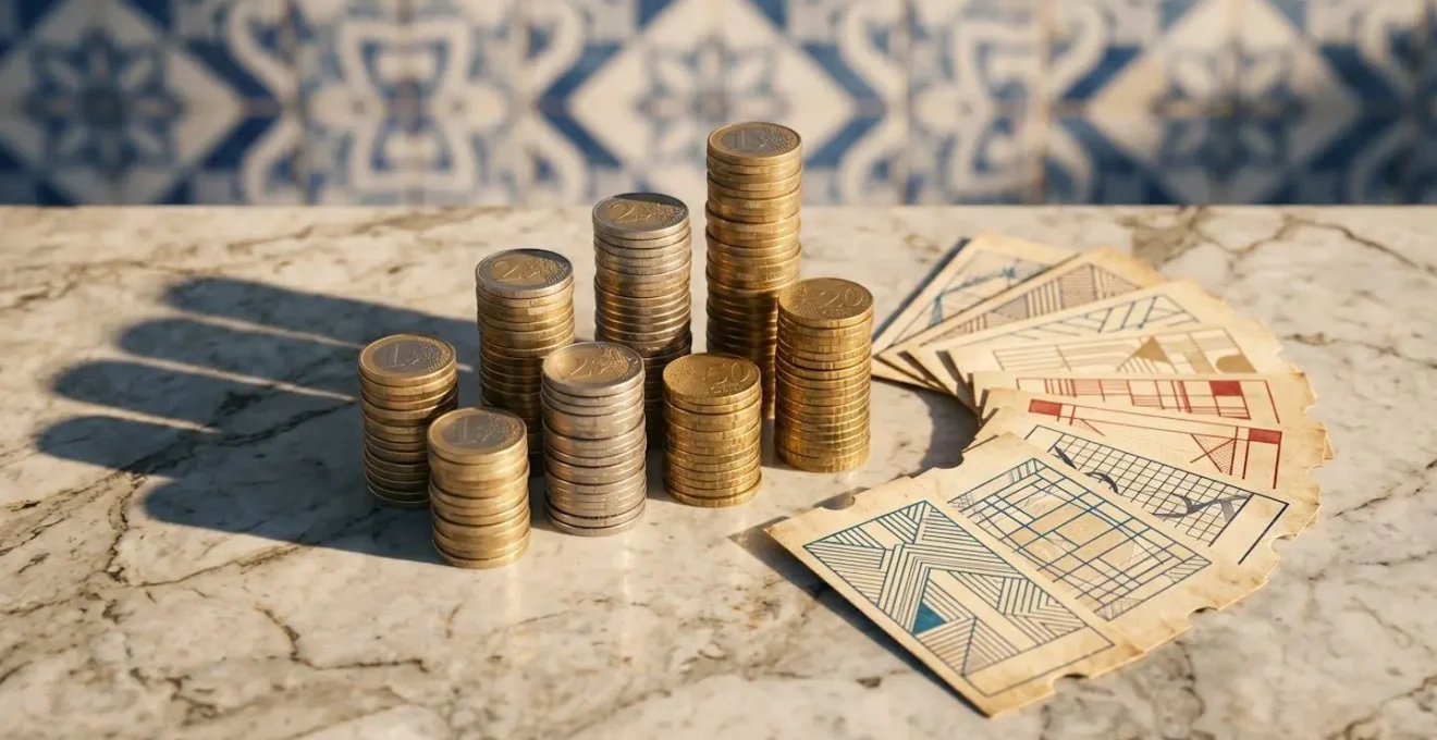 Infographie montrant la comparaison des coûts entre Lisboa Card et billets individuels avec pièces et tickets stylisés