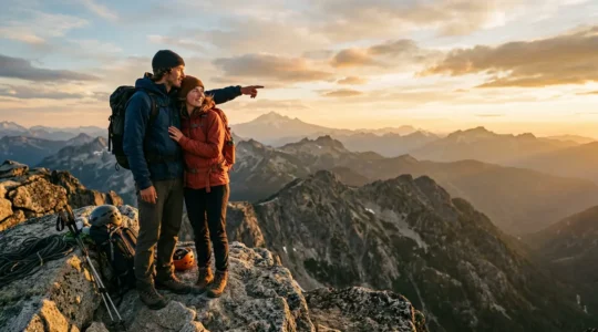 Couple en randonnée de montagne partageant un moment de complicité au sommet d'un pic