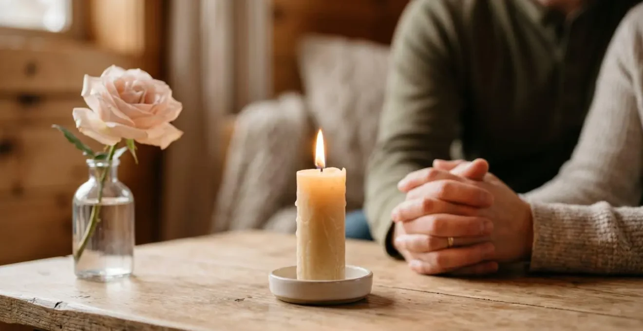 Couple détendu dans un espace épuré avec une seule bougie parfumée