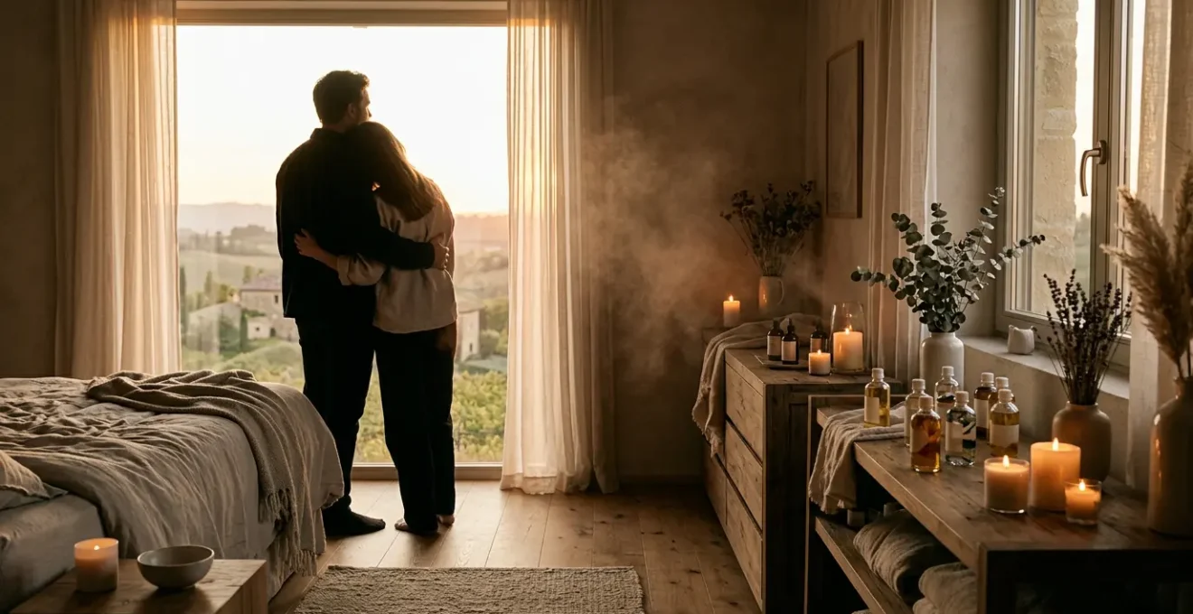 Couple dans une chambre d'hôtel romantique avec bougies parfumées et fleurs, ambiance douce et intime