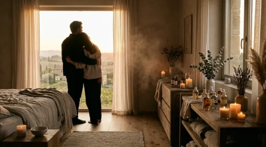 Couple dans une chambre d'hôtel romantique avec bougies parfumées et fleurs, ambiance douce et intime