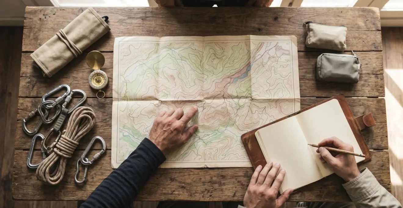Couple planifiant leur voyage d'aventure avec carte et équipement de trek étalés sur une table