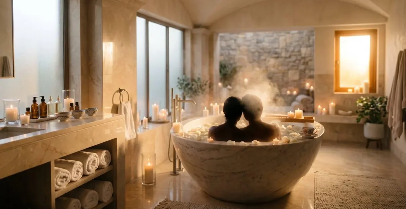 Couple détendu dans un spa privatif avec lumière tamisée et bougies, atmosphère intimiste