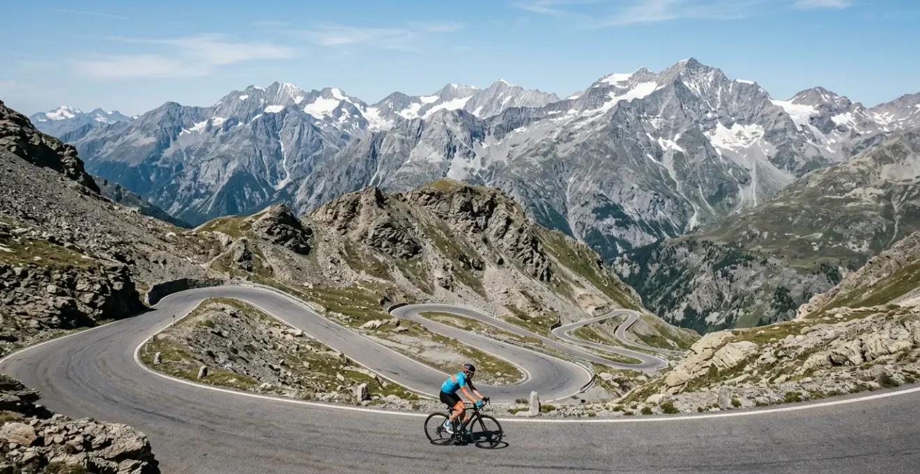 Cycliste grimpant le col du Galibier avec les sommets alpins en arrière-plan