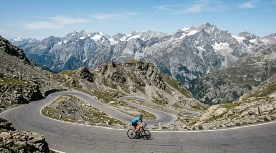 Cycliste grimpant le col du Galibier avec les sommets alpins en arrière-plan