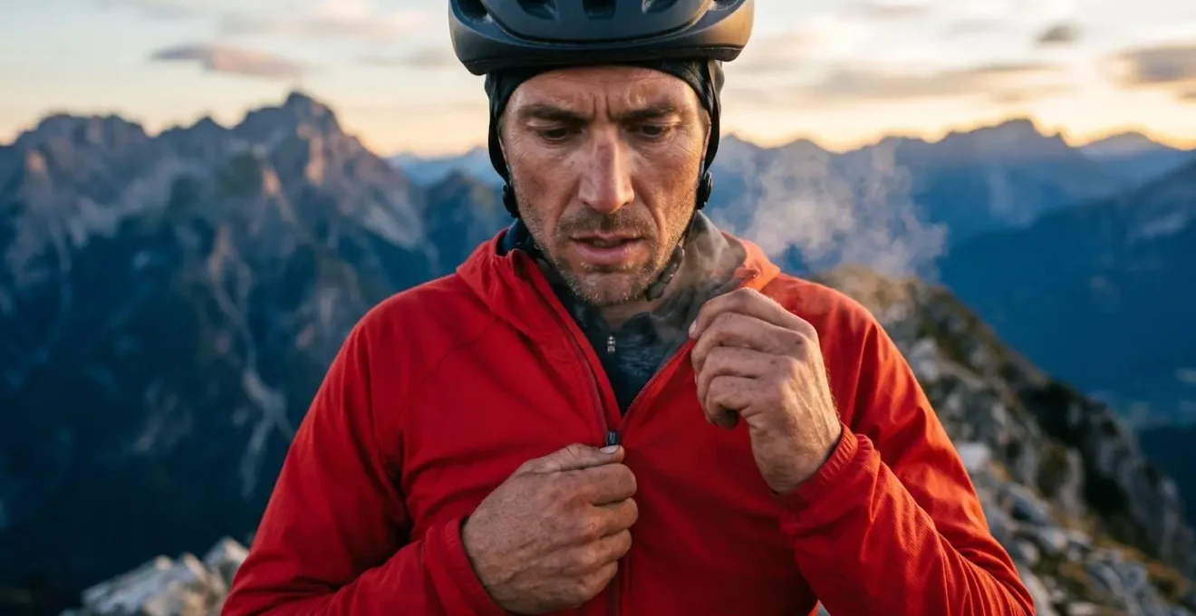 Cycliste au sommet d'un col enfilant un coupe-vent avec vue sur les montagnes