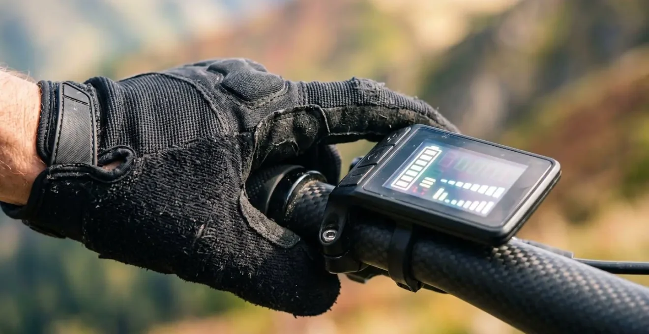 Cycliste sur VAE consultant son compteur de batterie dans un paysage de montagne