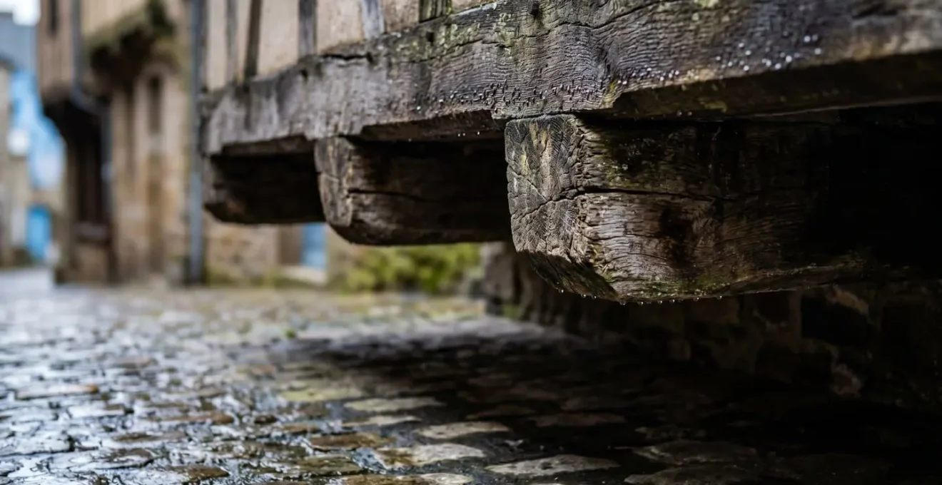Gros plan sur l'encorbellement caractéristique d'une maison à colombages de Dinan créant une zone d'ombre sur les pavés mouillés en contrebas