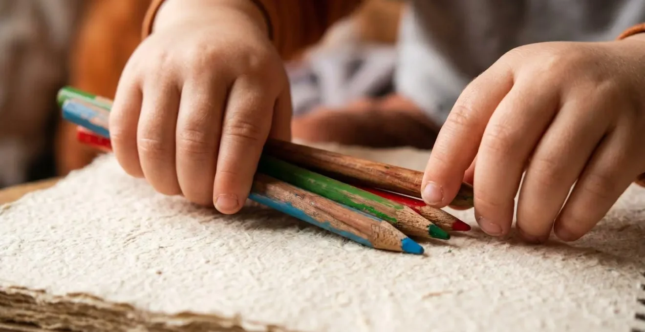 Gros plan sur les mains d'un enfant dessinant dans un carnet de voyage, symbolisant le besoin de traiter l'information après une visite historique.