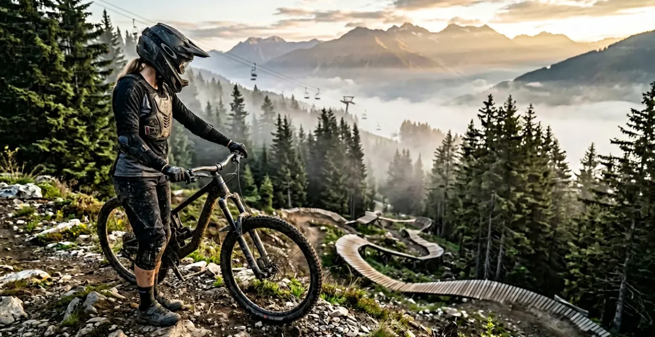 Vététiste équipé de protections complètes dans un bike park de montagne