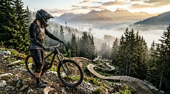 Vététiste équipé de protections complètes dans un bike park de montagne