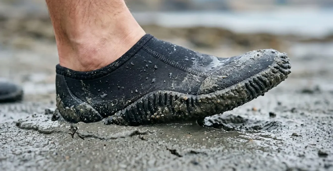 Gros plan sur des pieds équipés de chaussons en néoprène marchant sur la tangue de la baie
