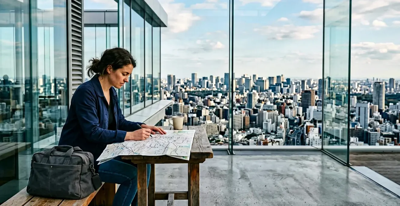 Voyageur profitant d'une terrasse panoramique d'aéroport avec vue sur la ville en arrière-plan, valise de cabine à ses côtés