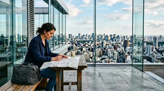 Voyageur profitant d'une terrasse panoramique d'aéroport avec vue sur la ville en arrière-plan, valise de cabine à ses côtés