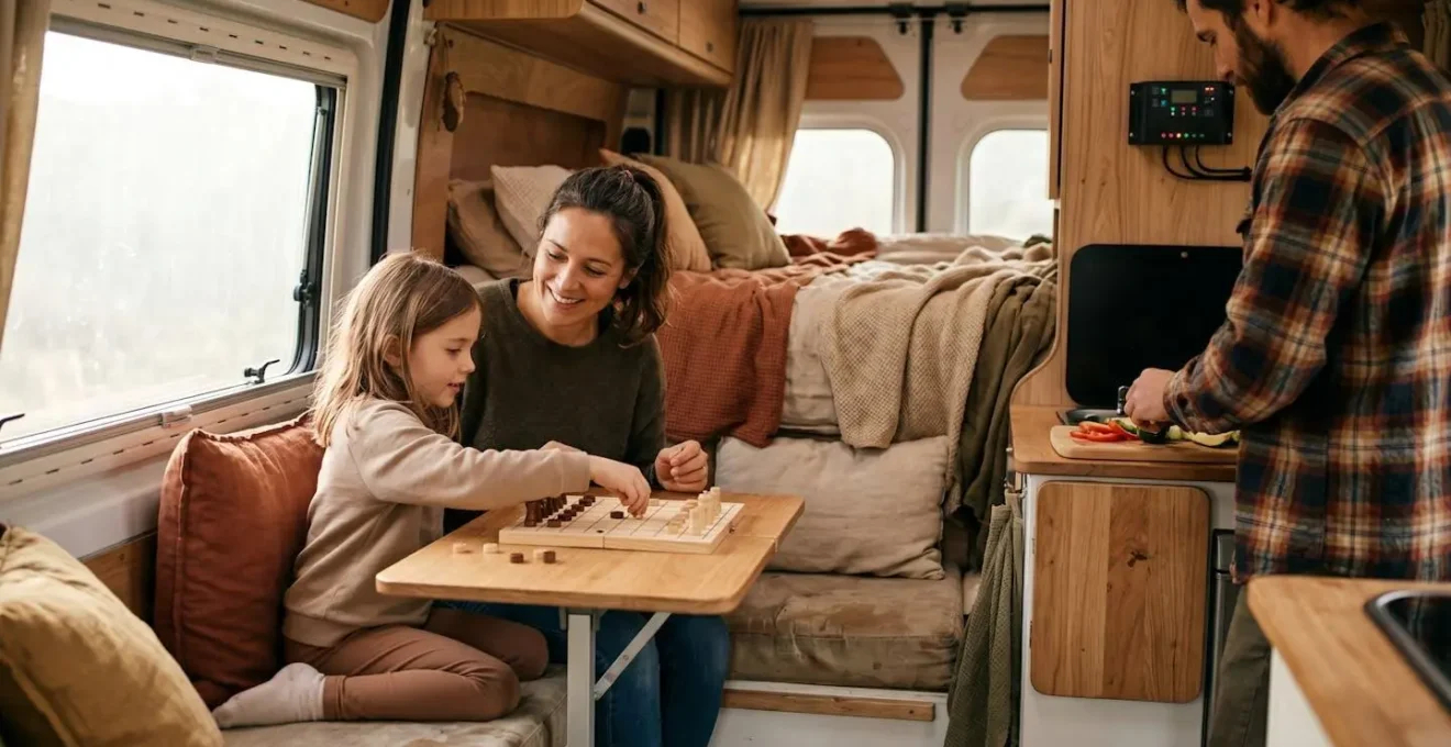 Intérieur de van aménagé montrant un système électrique avec panneaux solaires et famille en activité