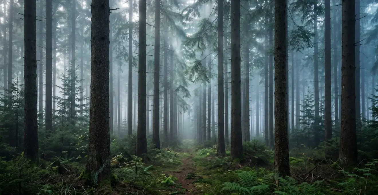 Forêt de conifères dans la brume matinale créant une atmosphère thérapeutique