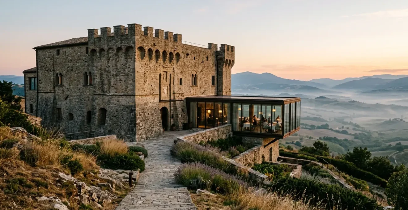 Vue panoramique d'un hôtel installé dans une ancienne prison aux murs de pierre avec baies vitrées modernes donnant sur un paysage naturel