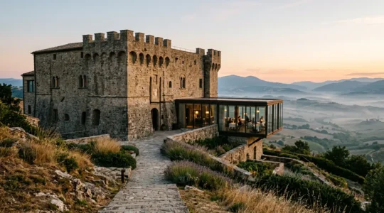 Vue panoramique d'un hôtel installé dans une ancienne prison aux murs de pierre avec baies vitrées modernes donnant sur un paysage naturel