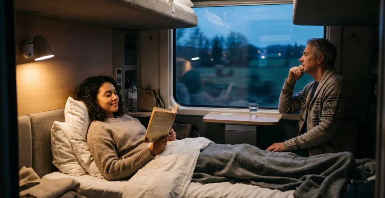 Intérieur cosy d'une cabine couchette de train de nuit avec passagers se reposant confortablement