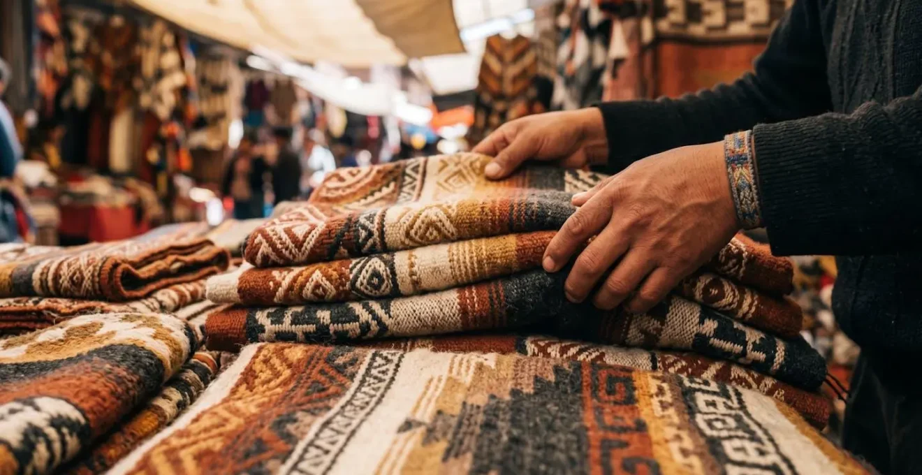Marché artisanal péruvien avec étals de textiles colorés en laine d'alpaga