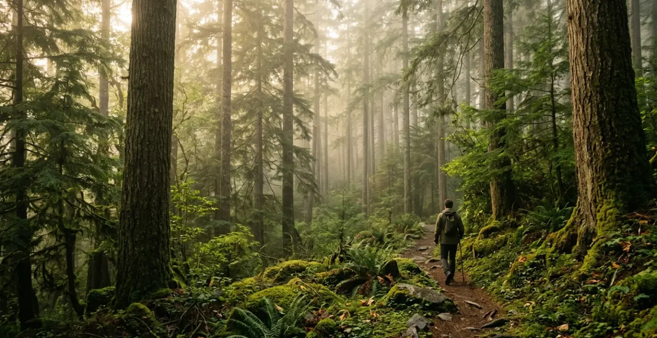 Personne marchant seule sur un sentier forestier baigné de lumière dorée filtrée par la canopée