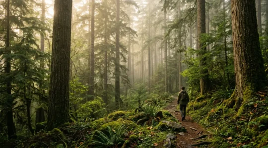 Personne marchant seule sur un sentier forestier baigné de lumière dorée filtrée par la canopée