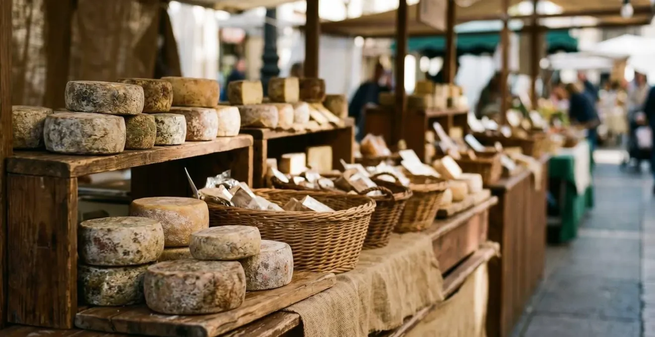 Étal de marché avec fromages artisanaux et produits du terroir français