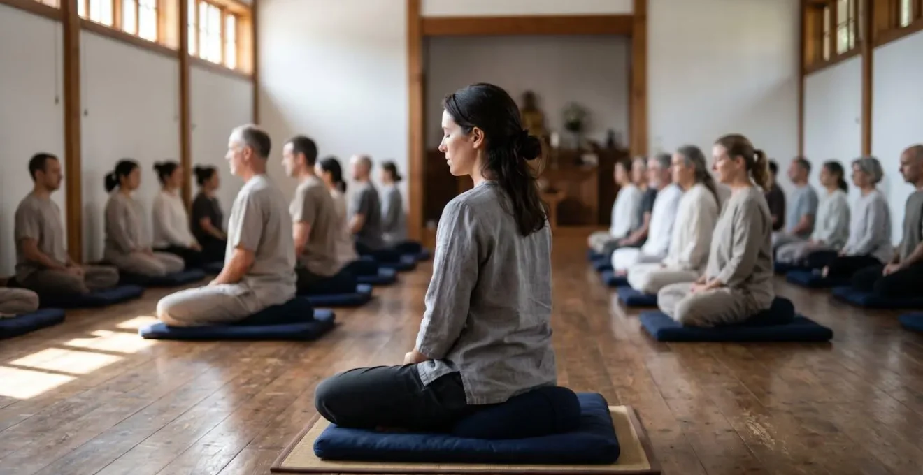 Grande salle de méditation avec des pratiquants assis en silence sur des coussins disposés en rangées